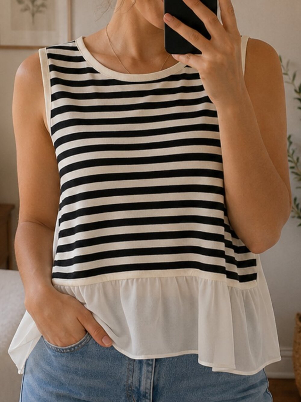 Akris Punto Wool Peplum Top Size 4 Striped Navy White Sleeveless Layered Blouse